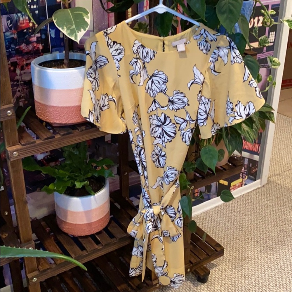 H&M Black & White Floral Print Yellow Dress